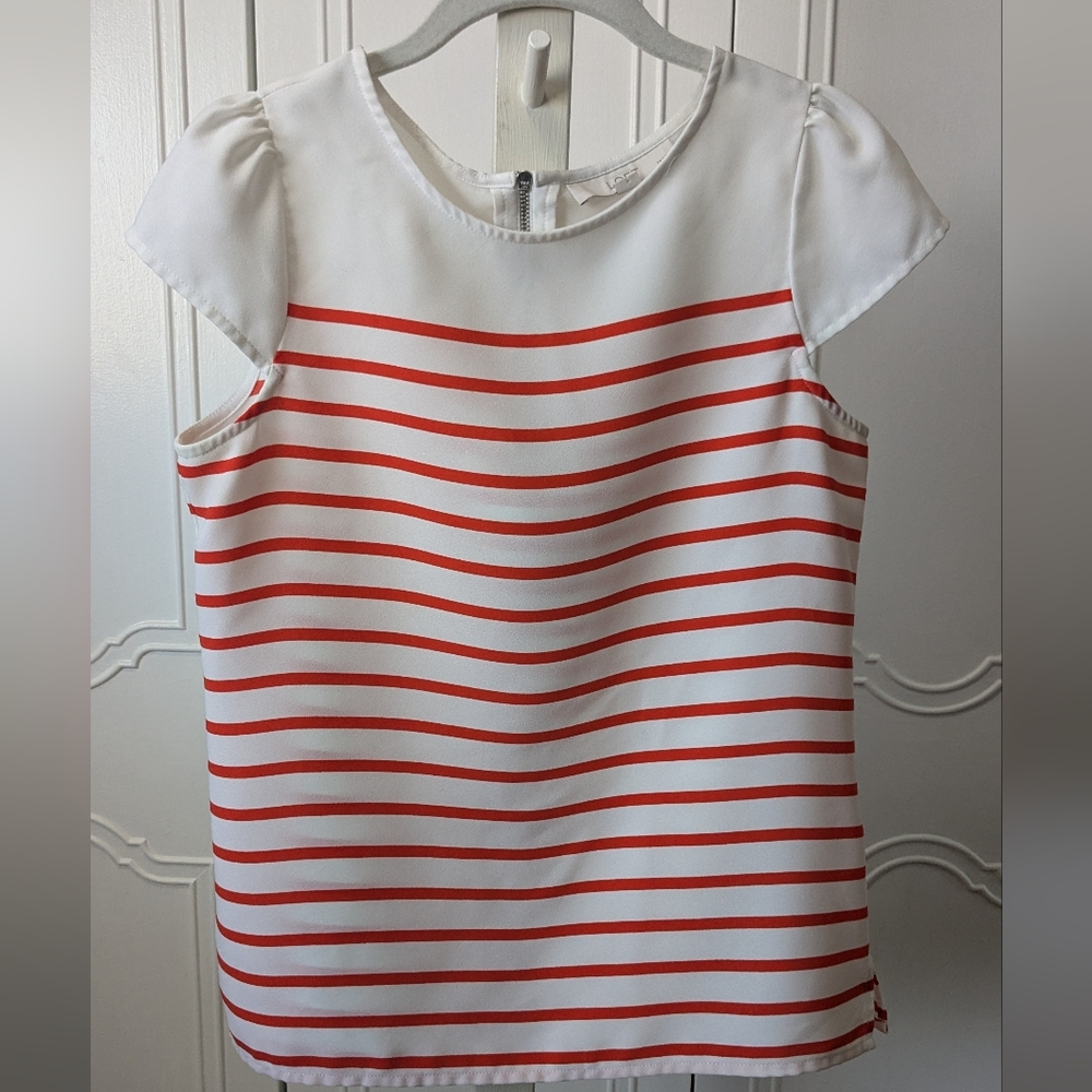 LOFT White and Red Striped Blouse With Unique Sleeves Classic